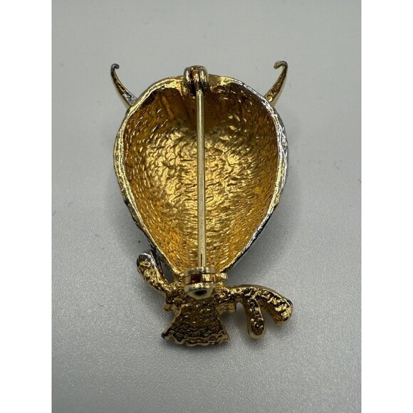 Vintage Perched Owl Brooch Pin Gold and Silver Tone Red Glass Cabochon Eyes - Picture 8 of 10
